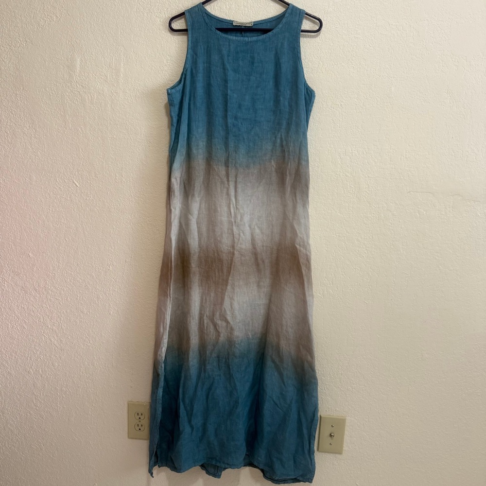 Francesca Bottini Italian Linen Ombre Maxi Dress Blue Taupe Midi Dress Size M - Picture 3 of 10